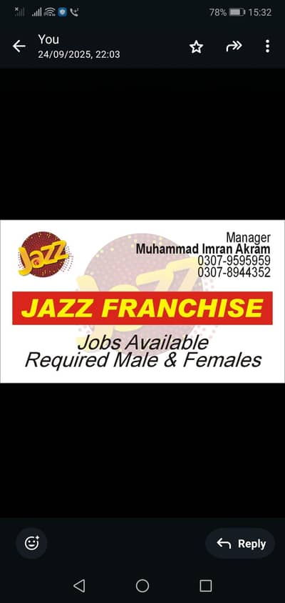 jazz Franchise per Job k leay Male&Female ki zarorat hai