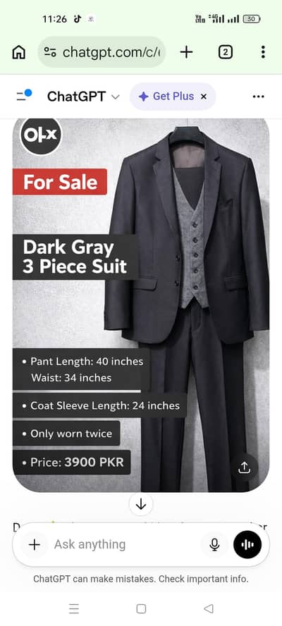Dark Gray 3 Piece Suit – Excellent Condition (Size 34 Waist