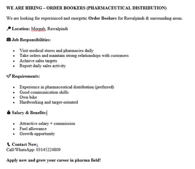 WE ARE HIRING – ORDER BOOKERS (PHARMACEUTICAL DISTRIBUTION)