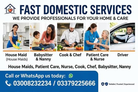 We provide all domestic staff services Maids/Cooks/Nannies/drivers etc