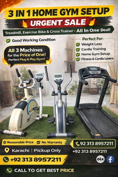 3 in 1 Home Gym Setup – Treadmill + Bike + Cross Trainer | Urgent Sal