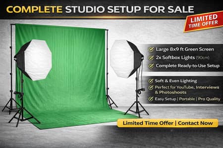  Professional Video Setup – Green Screen + 2 Soft Lights | Ready to