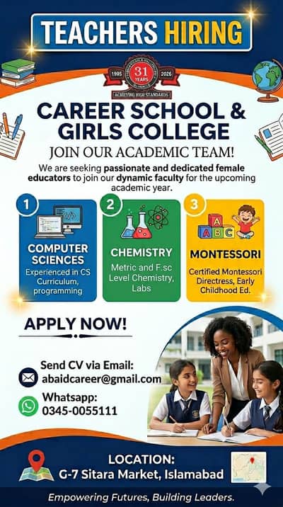 Required teachers for Computer , Chemistry , & Female For Montessori