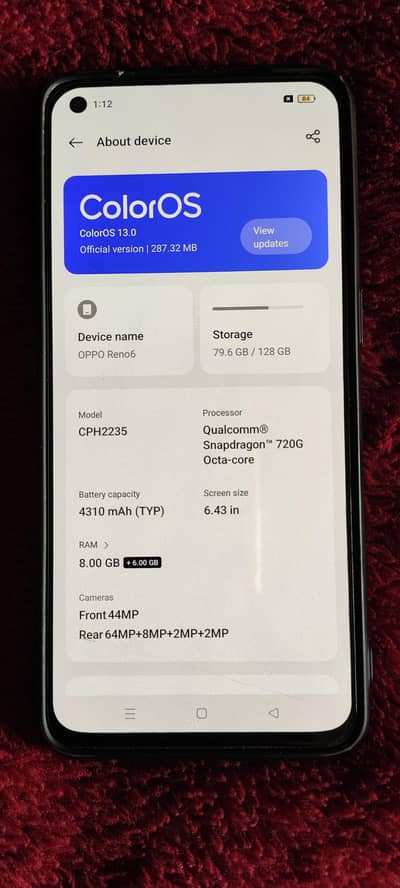 Oppo Reno 6 ,Ram 8+6gb, Rom 128 gb