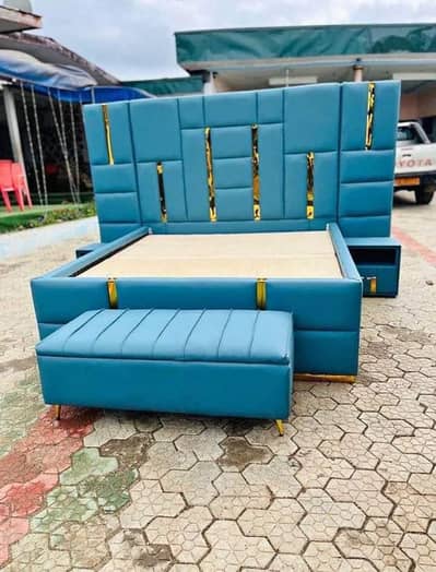 king size wood work full phesh bed 2 side tables high back and 1 couch