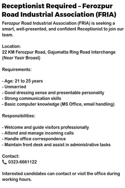 Need a Female for Office Receptionist