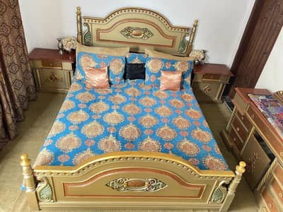 bed with dressing table and side table /wooden bed / deco paint bed /