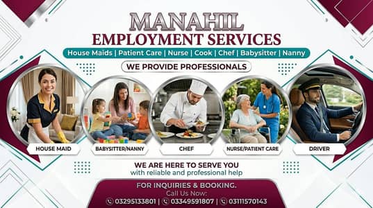 Cook , House Maids , Couple , Driver , Patient Care , Nanny , Helper