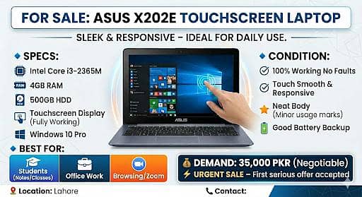 ASUS X202E Laptop Touchscreen | i3 | 4GB RAM | 500GB | Slim & smart