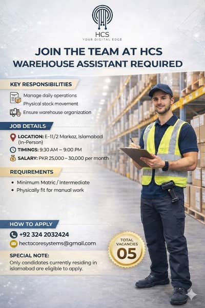 Warehouse Assistant Required | Male Staff Hiring | Male Jobs | Jobs