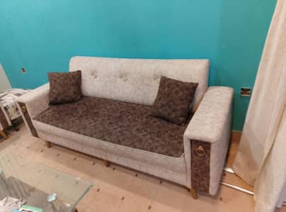 Complete Drawing Room Set - 7 Seater Sofa, 5 Puffets & Center Table