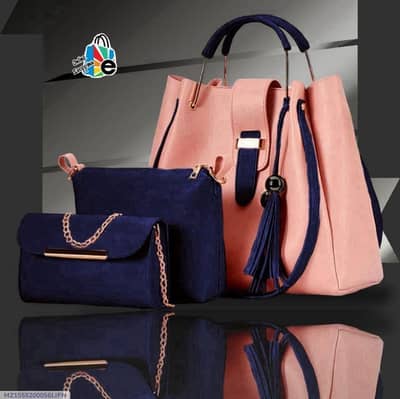 Stylish 3Pc Rexine Handbag Set Pink Blue Girls.