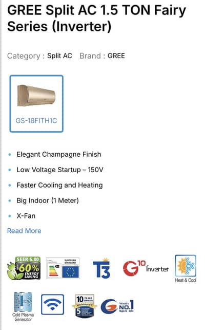 GREE Split AC 1.5 TON Fairy Series (Inverter)