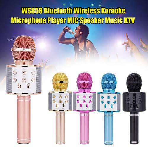 WS-858 3-in-1 Portable Bluetooth Karaoke Microphone & HiFi Speaker | Wireless Handheld KTV Mic, Music Player, Voice Recorder | USB Data Cable Charging, AUX, SD Card Support for All Smartphones & Smart TVs