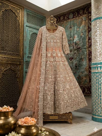Peach-Gold Heavily embroidered Walima Maxi/Frock