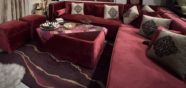 Red L-Shaped Velvet Sofa