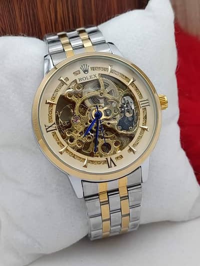 Men's Automatic Skeleton Watch Rose Gold Face Stainless Steel