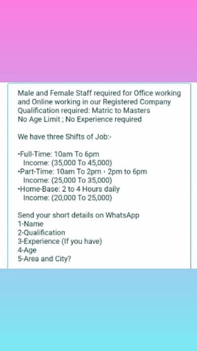 home based, full time and part time jobs available, and office based