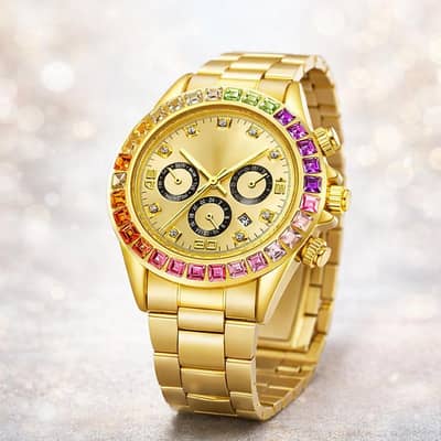 "Luxury Gold Quartz Watch with Multi-Colored Crystal Bezel"