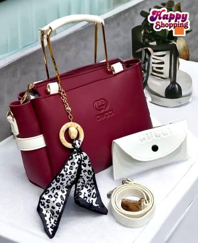 Gucci Style Woman's Grey & Maroon Handbad Set With Wallet