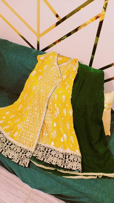 Anrakha Style Coat with two inner (yellow & green) and Plazo