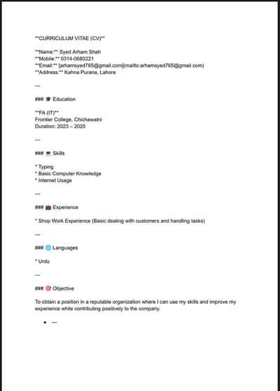 I need a job I clear Fa in computer science i have shop experience