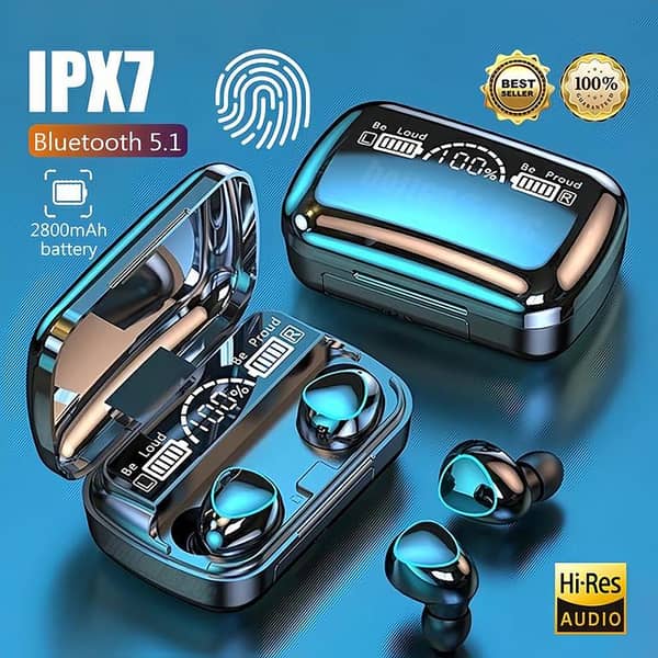 Original M10 TWS Bluetooth Earbuds Wireless Earphones, Bluetooth 5.1 Headphones, Hi-Fi Stereo Sound, 9D Noise Reduction, IPX7 Waterproof Headset with Large Capacity 3500mAh LED Display Charging Case/Powerbank & Mic