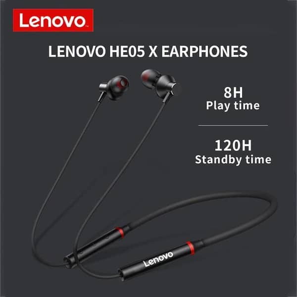 100% Original Lenovo HE05X Bluetooth 5.0 Earphones Wireless Neckband Headset, Magnetic, Waterproof IPX5, HiFi Sound, 8H Playtime, Sports Earbuds with Mic (Black) - Global Version