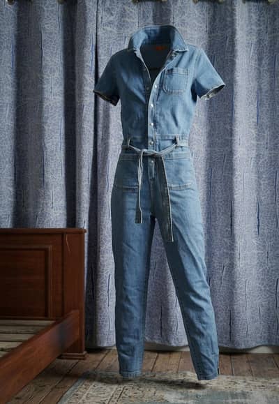 stylish blue denim jumpsuit with waist belt - full length - one piece