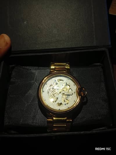 Timezone Automatic Skeleton watch ,gold color with stainless steel