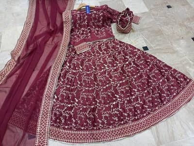 Maroon Embroidered Katan Silk Lehenga Set 4 Pcs