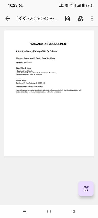 NURSE /LHV and midwife required for Maryam Nawaz clinic