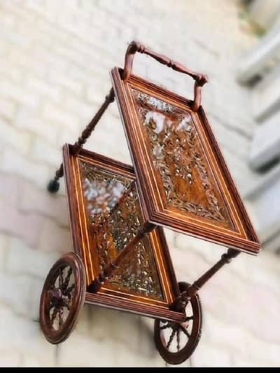 wooden tea trolley handcrafted pure wood double with glass