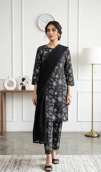 3 Pcs Women Stitched Lawn Digital Print Suit Black Special