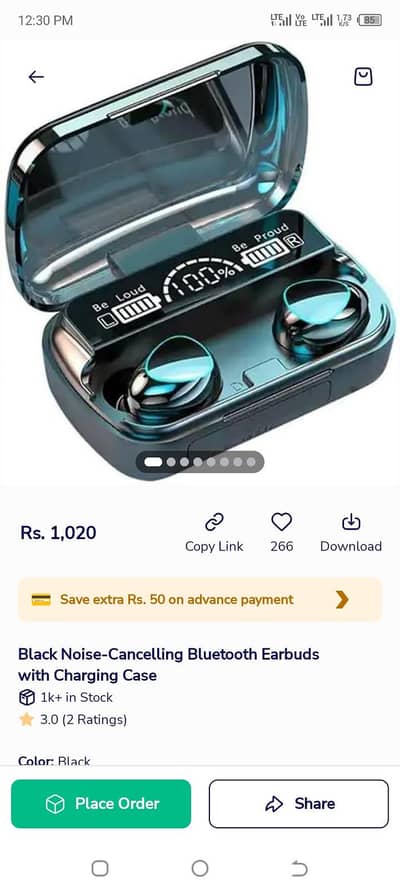 Black noise-cancelling Bluetooth Earbuds with charging case