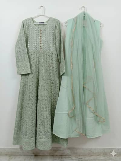 Elegant pista/peach 4-piece suit (frock+innere+trouser+dupatta)