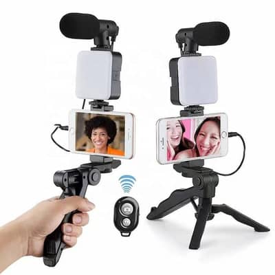 Portable Vlogging Tripod with Mic & Light Black