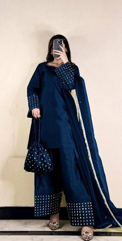 3 Pcs Women's Stitched Shamoz Silk lace work suit