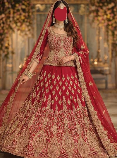 Bridal Baraat Red & Gold Lehenga with Complete Jewellery Set & Purse