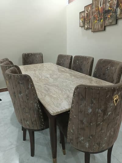 wooden dining table with marble top & 8 chairs just like new