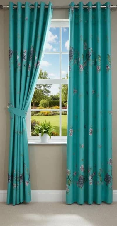 Turquoise Printed Cotton  Curtains 2 Pcs 102 x 60"