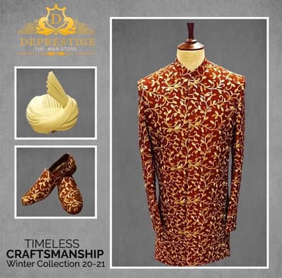 De Prestige Designer Bespoke Sherwani – With Shoes, Inner and Turban