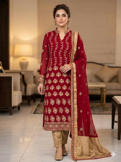 Only 1 time used Pure chiffon 3 Pcs Embroided Dress