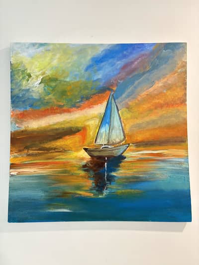 Handmade Acrylic Sunset Boat Painting on Canvas – Wall Art