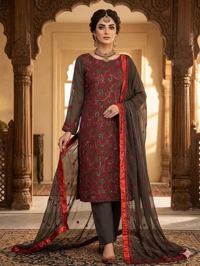 Only 1 time Used Pure Chiffon Medium Size 3 Pcs Embroided Dress