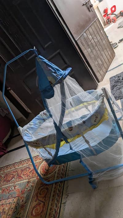 baby swing cot in matel frame bed with stand support with mosquito net