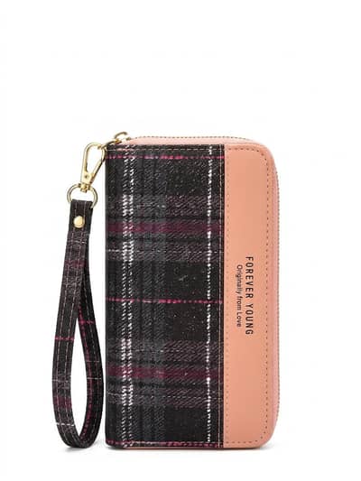 Elegant Plaid Zip Wallet with Wrist Strap