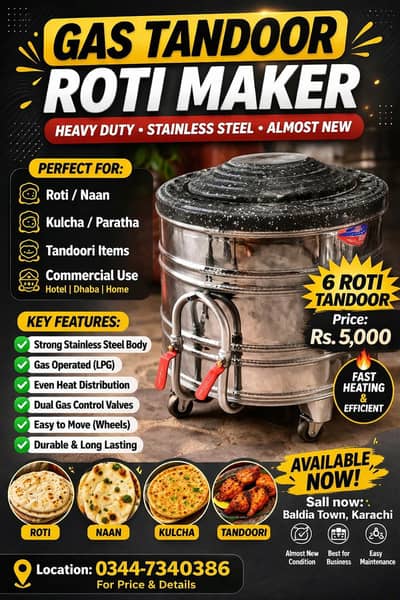 Gas Tandoor Roti Maker-Heavy Duty Stainless Steel | urgent Sale