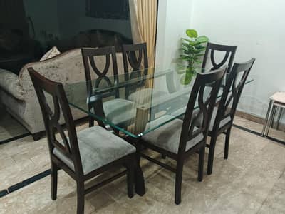 6-Seater Glass Top Dining Table Set with Charcoal Wooden Chairs