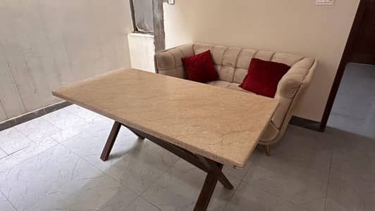 Marble Top Dining Table with Wooden Legs – Ready to Move